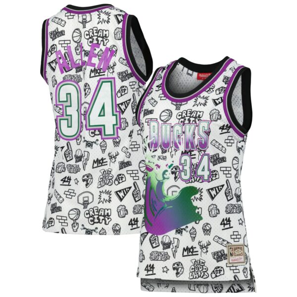 Ray Allen Milwaukee Bucks Mitchell & Ness Women's 1996 Doodle Swingman Jersey - White - Image 2