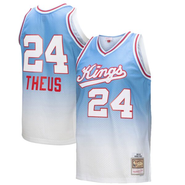 Reggie Theus Sacramento Kings Mitchell & Ness 1985/86 Hardwood Classics Fadeaway Swingman Player Jersey - White/Light Blue - Image 2