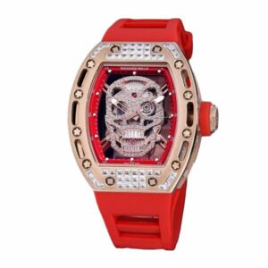 Richard Mille RM 052-012 Diamonds Skull Dial Red Rubber Strap Men Watch