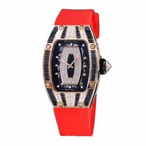 Richard Mille RM 07-01 Rse Gold Ladies Automatic Watch Red Rubber Band Black With Diamonds Dial