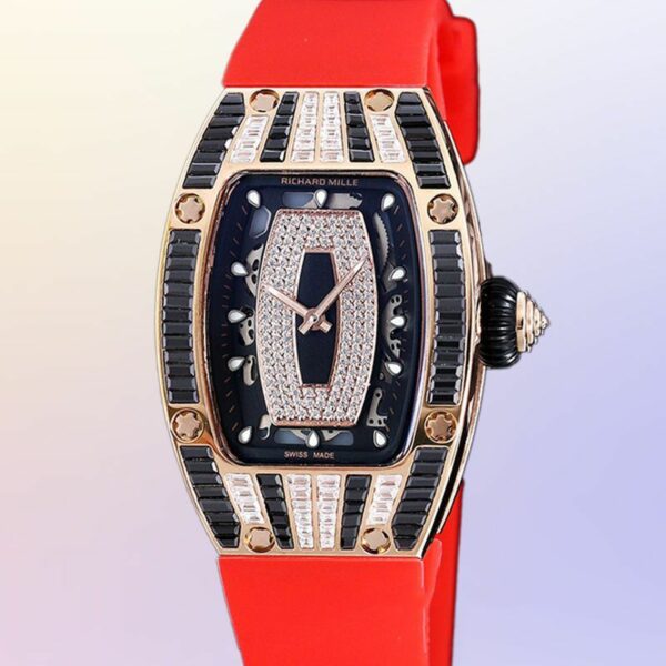 Richard Mille RM 07-01 Rse Gold Ladies Automatic Watch Red Rubber Band Black With Diamonds Dial - Image 3