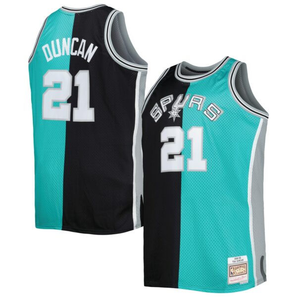 Tim Duncan San Antonio Spurs Mitchell & Ness Big & Tall Hardwood Classics 1998/99 Split Swingman Jersey - Black/Teal - Image 2