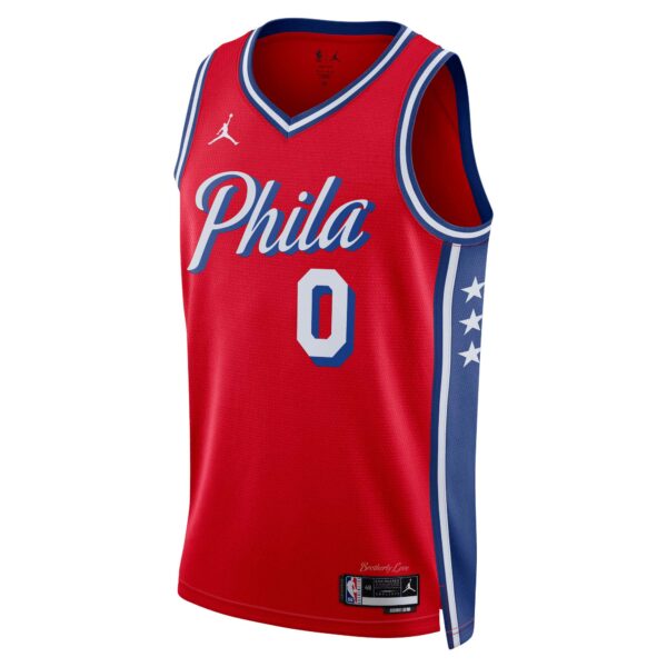 Tyrese Maxey Philadelphia 76ers Jordan Brand Unisex Swingman Jersey - Statement Edition - Red - Image 3