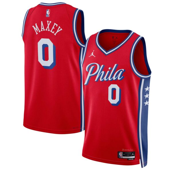 Tyrese Maxey Philadelphia 76ers Jordan Brand Unisex Swingman Jersey - Statement Edition - Red - Image 2