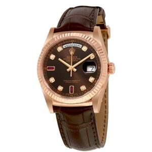 Day-Date Chocolate Brown Diamond and Ruby Dial Leather Automatic Men's Watch
