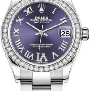 Rolex Datejust 31 Stainless Steel and White Gold Aubergine Pave Roman Dial Domed Diamond Bezel Women's Watch M278384RBR-0029