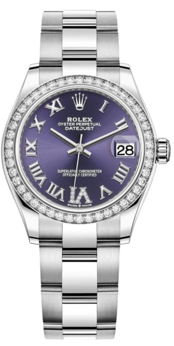 Rolex Datejust 31 Stainless Steel and White Gold Aubergine Pave Roman Dial Domed Diamond Bezel Women's Watch M278384RBR-0029