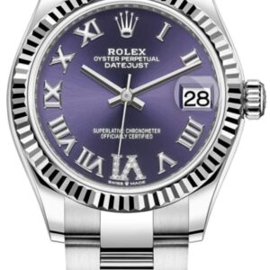 Rolex Datejust 31 Stainless Steel and White Gold Aubergine Roman Diamond Dial Women's Watch M278274-0025