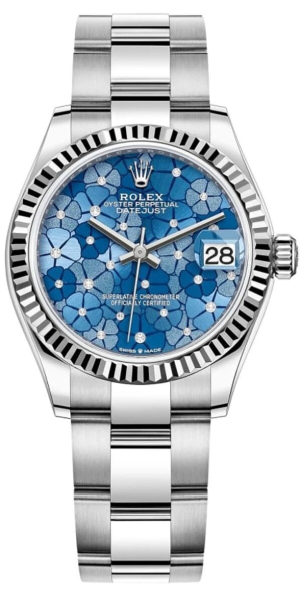 Rolex Datejust 31 Stainless Steel and White Gold Azzuro-Blue-Floral-Motif Diamond Dial Women's Watch M278274-0035