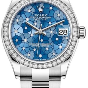 Rolex Datejust 31 Stainless Steel and White Gold Azzurro-Blue-Floral-Motif Diamond Dial Diamond Bezel Women's Watch M278384RBR-0039