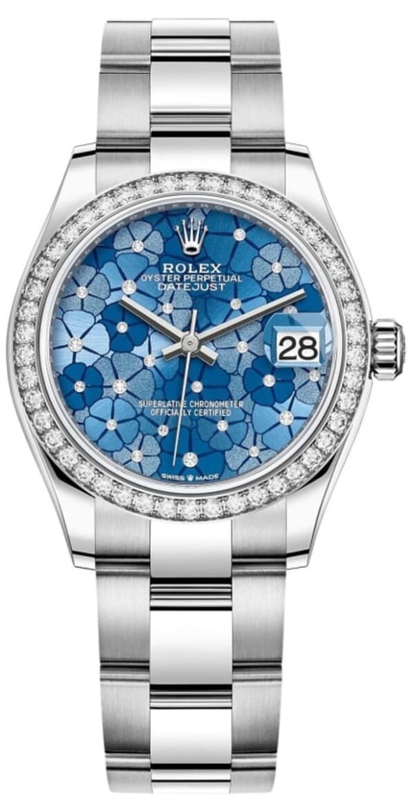 Rolex Datejust 31 Stainless Steel and White Gold Azzurro-Blue-Floral-Motif Diamond Dial Diamond Bezel Women's Watch M278384RBR-0039