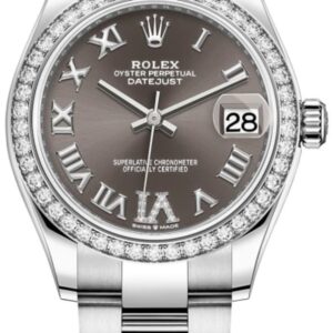 Rolex Datejust 31 Stainless Steel and White Gold Dark Grey Pave Roman Dial Diamond Bezel Women's Watch M278384RBR-0031