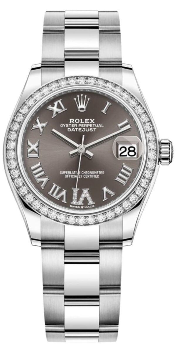 Rolex Datejust 31 Stainless Steel and White Gold Dark Grey Pave Roman Dial Diamond Bezel Women's Watch M278384RBR-0031