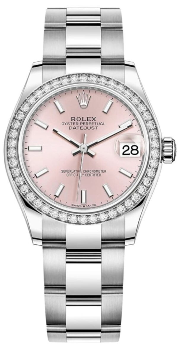 Rolex Datejust 31 Stainless Steel and White Gold Pink Dial Diamond Bezel Women's Watch M278384RBR-0017