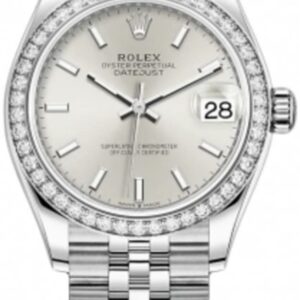 Rolex Datejust 31 Stainless Steel and White Gold Silver Dial Domed Diamond Bezel Women's Watch M278384RBR-0016