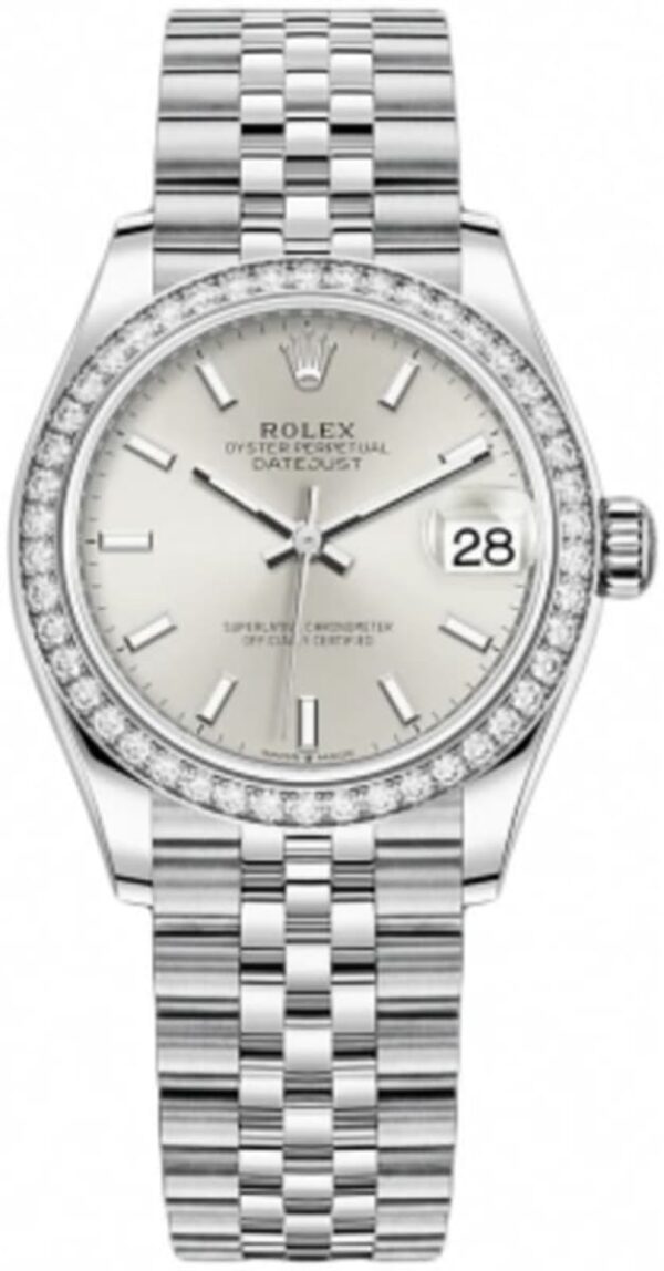 Rolex Datejust 31 Stainless Steel and White Gold Silver Dial Domed Diamond Bezel Women's Watch M278384RBR-0016