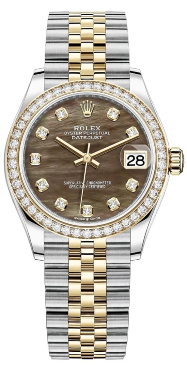 Rolex Datejust 31 Stainless Steel and Yellow Gold Black Mother of Pearl Diamond Dial Diamond Bezel Women's Watch M278383RBR-0024