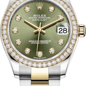 Rolex Datejust 31 Stainless Steel and Yellow Gold Olive Green Diamond Dial Diamond Bezel Women's Watch M278383RBR-0029
