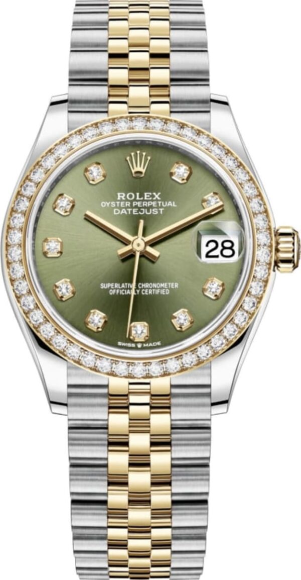 Rolex Datejust 31 Stainless Steel and Yellow Gold Olive Green Diamond Dial Diamond Bezel Women's Watch M278383RBR-0030