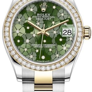 Rolex Datejust 31 Stainless Steel and Yellow Gold Olive Green Floral-Motif Diamond Dial Diamond Bezel Women's Watch M278383RBR-0031