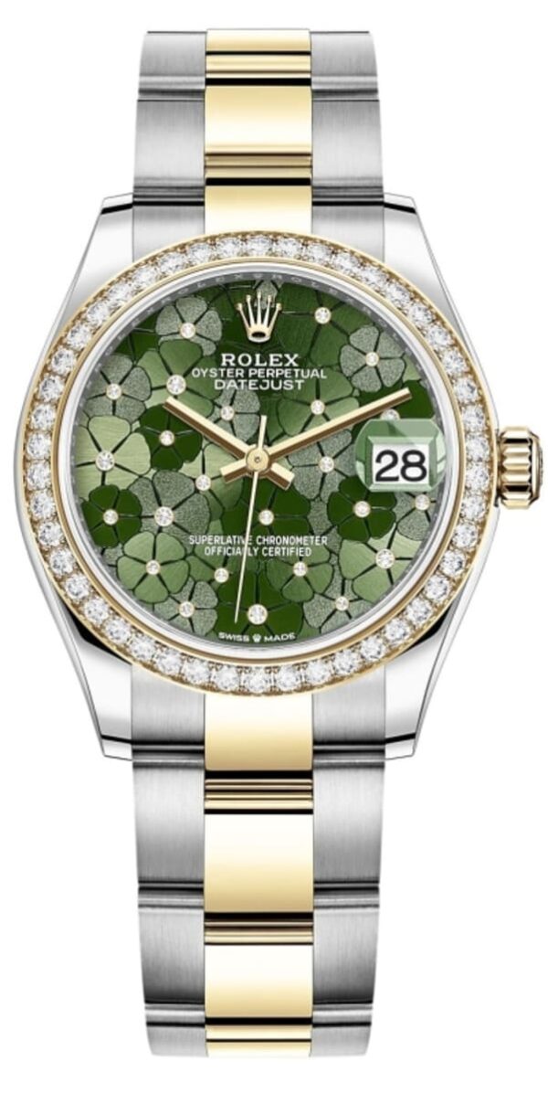 Rolex Datejust 31 Stainless Steel and Yellow Gold Olive Green Floral-Motif Diamond Dial Diamond Bezel Women's Watch M278383RBR-0031