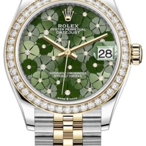 Rolex Datejust 31 Stainless Steel and Yellow Gold Olive Green Floral-Motif Diamond Dial Diamond Bezel Women's Watch M278383RBR-0032