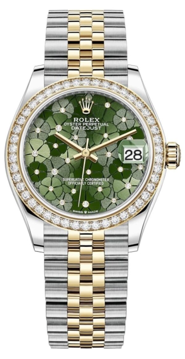 Rolex Datejust 31 Stainless Steel and Yellow Gold Olive Green Floral-Motif Diamond Dial Diamond Bezel Women's Watch M278383RBR-0032