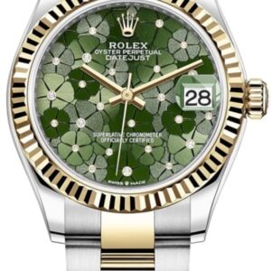 Rolex Datejust 31 Stainless Steel and Yellow Gold Olive-Green-Floral-Motif Diamond Dial Women's Watch M278273-0031