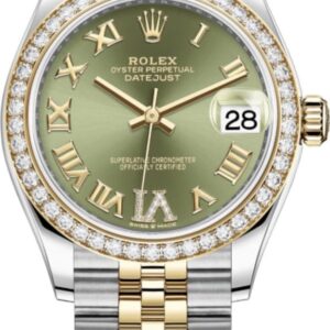 Rolex Datejust 31 Stainless Steel and Yellow Gold Olive Green Pave Roman Dial Diamond Bezel Women's Watch M278383RBR-0016