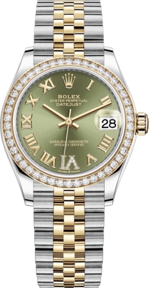 Rolex Datejust 31 Stainless Steel and Yellow Gold Olive Green Pave Roman Dial Diamond Bezel Women's Watch M278383RBR-0016