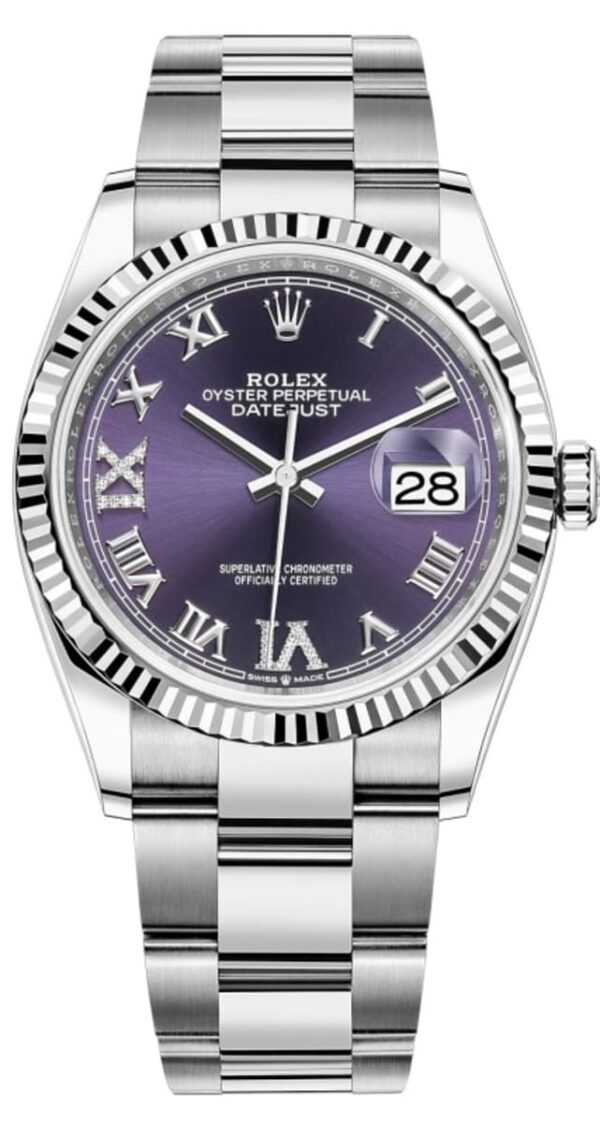 Rolex Datejust 36 Stainless Steel Aubergine Diamond Pave Roman Dial Women's Watch M126234-0022