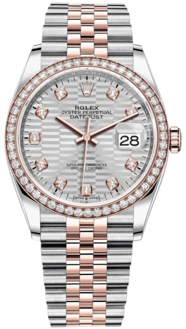 Rolex Datejust 36 Steel & Everose Gold Silver Fluted-Motif Diamond Dial Diamond Bezel Women's Watch M126281RBR-0027
