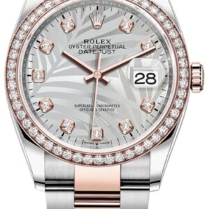 Rolex Datejust 36 Steel & Everose Gold Silver Palm-Motif Diamond Dial Diamond Bezel Women's Watch M126281RBR-0026