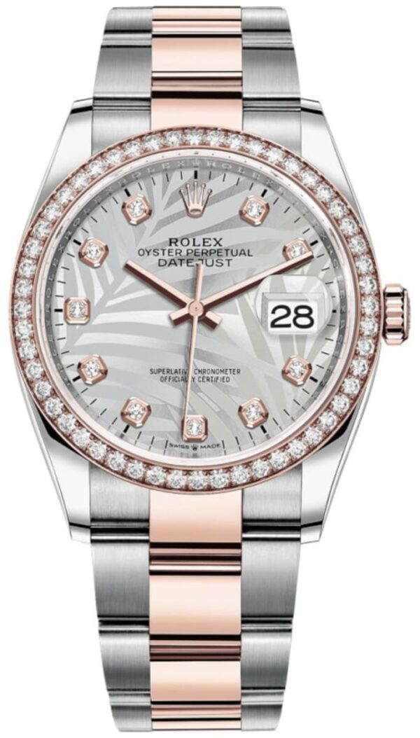 Rolex Datejust 36 Steel & Everose Gold Silver Palm-Motif Diamond Dial Diamond Bezel Women's Watch M126281RBR-0026