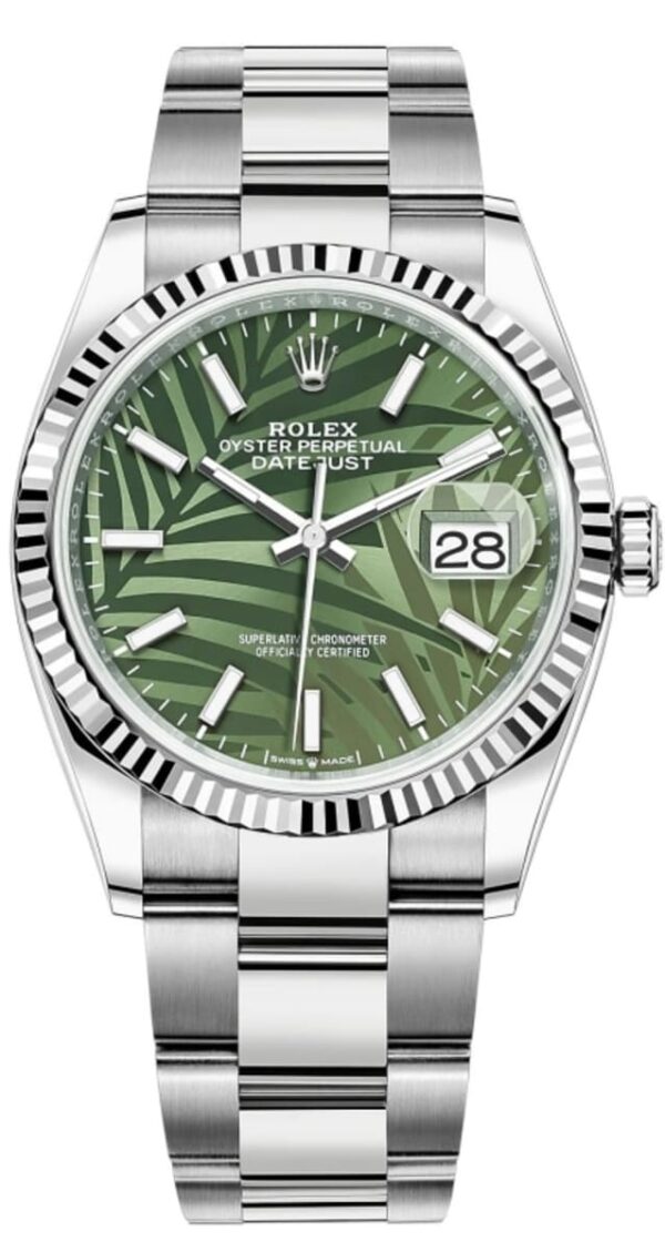 Rolex Datejust 36 Steel & White Gold Olive Green Palm-Motif Dial Women's Watch M126234-0048