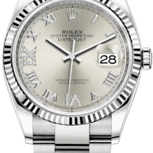 Rolex Datejust 36 Steel & White Gold Silver Diamond Pave Roman Dial Women's Watch M126234-0030