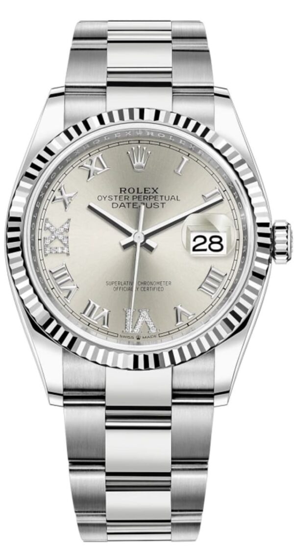 Rolex Datejust 36 Steel & White Gold Silver Diamond Pave Roman Dial Women's Watch M126234-0030