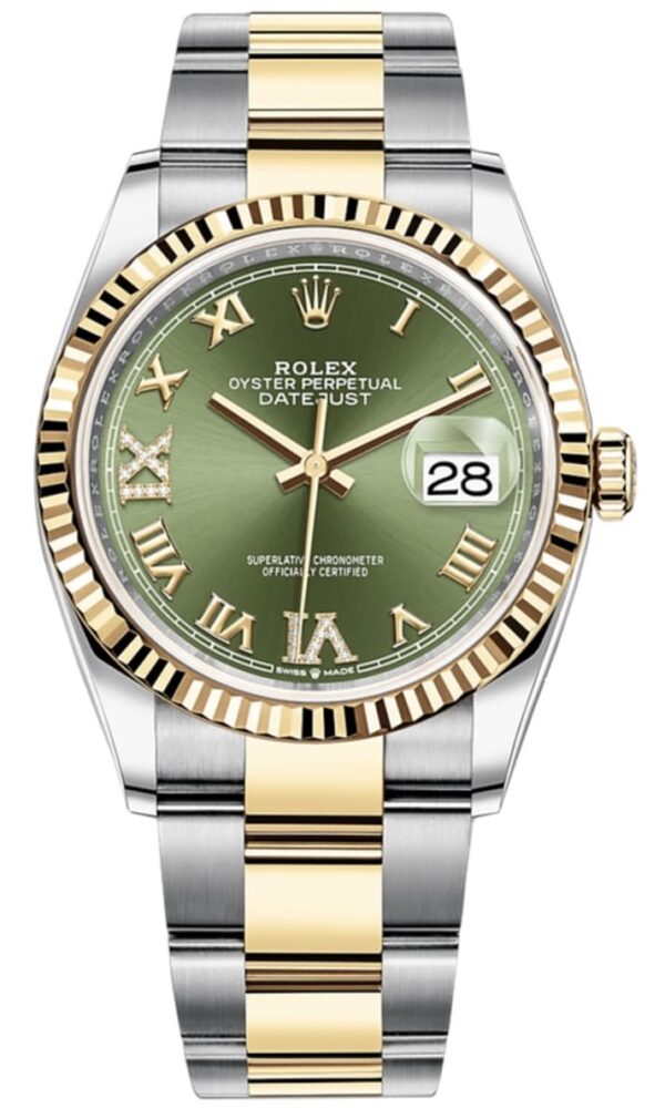 Rolex Datejust 36 Steel & Yellow Gold Olive Green Diamond Dial Women's Watch M126233-0026