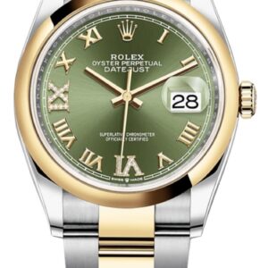 Rolex Datejust 36 Steel & Yellow Gold Olive Green Pave Roman Dial Men's Watch M126203-0026