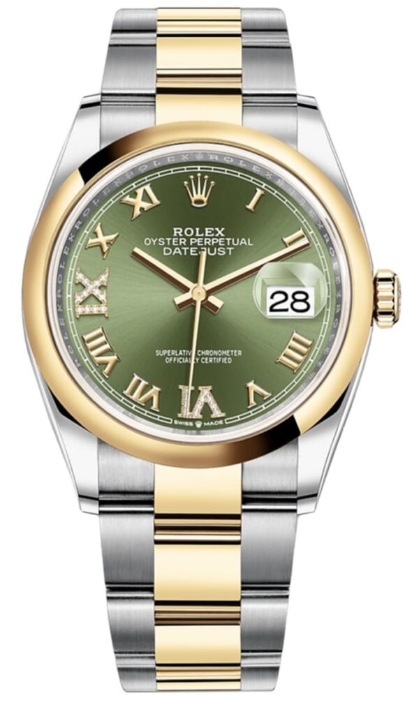 Rolex Datejust 36 Steel & Yellow Gold Olive Green Pave Roman Dial Men's Watch M126203-0026
