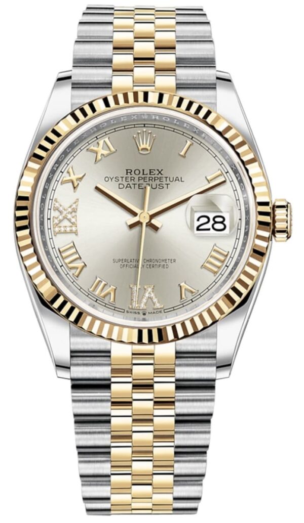 Rolex Datejust 36 Steel & Yellow Gold Silver Pave Roman Dial Women's Watch M126233-0031