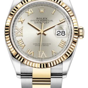 Rolex Datejust 36 Steel & Yellow Gold Silver Pave Roman Dial Women's Watch M126233-0032
