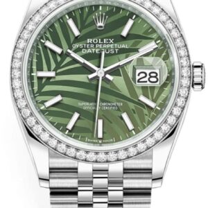 Rolex Datejust 36 White Gold & Diamonds Olive Green Palm-Motif Dial Women's Watch M126284RBR-0039