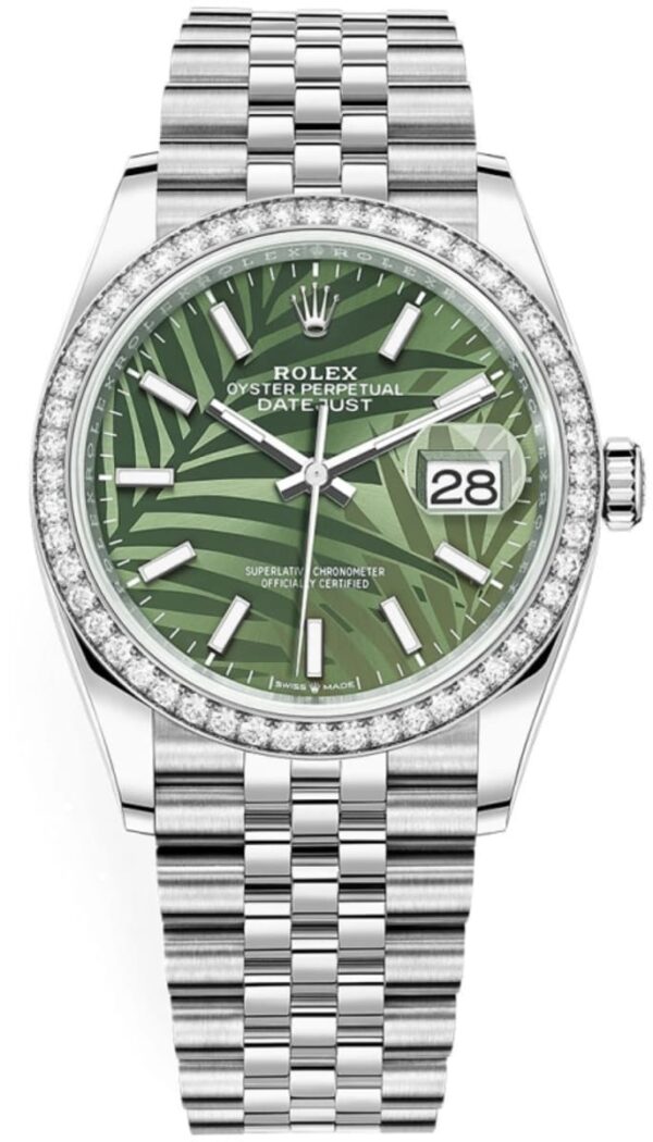 Rolex Datejust 36 White Gold & Diamonds Olive Green Palm-Motif Dial Women's Watch M126284RBR-0039