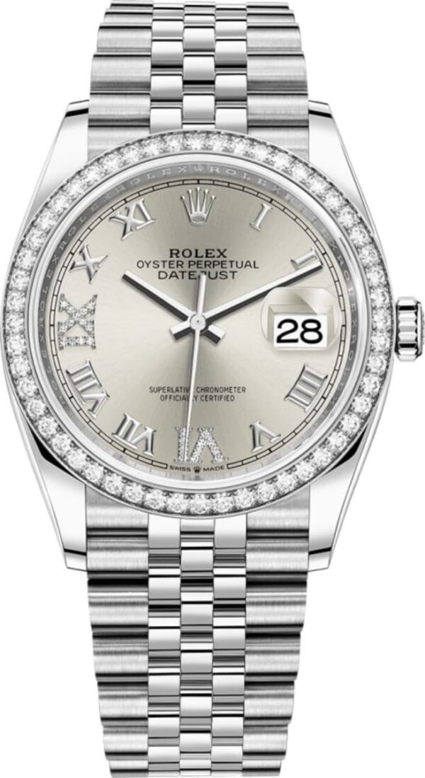 Rolex Datejust 36 White Gold & Diamonds Silver Pave Roman Dial Women's Watch M126284RBR-0021