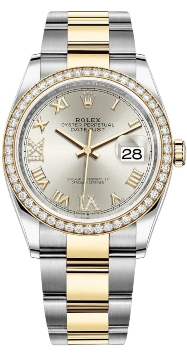 Rolex Datejust 36 Yellow Gold & Diamonds Silver Pave Roman Dial Women's Watch M126283RBR-0018