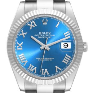 Rolex Datejust 41 Steel White Gold Blue Roman Dial Mens Watch 126334 Box Card
