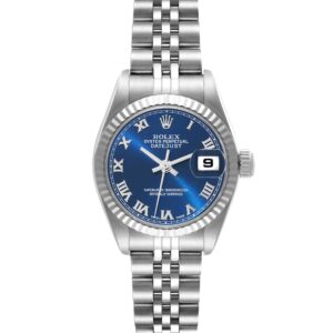Rolex Datejust Blue Dial White Gold Steel Ladies Watch 79174 Box Papers
