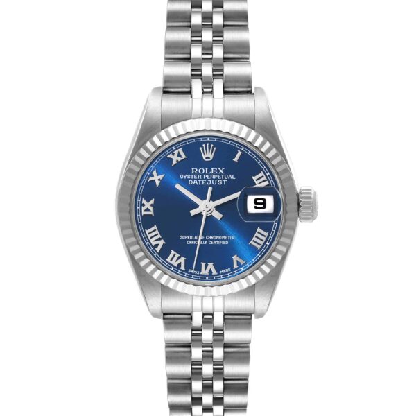 Rolex Datejust Blue Dial White Gold Steel Ladies Watch 79174 Box Papers