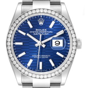 Rolex Datejust Steel Blue Fluted Dial Diamond Mens Watch 126284 Unworn